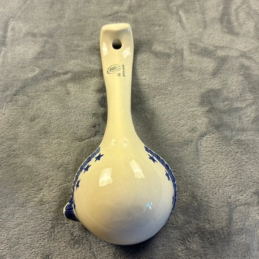 Poland Hand Made Polish Pottery Ladle Blue Rose Pattern Pour Spout 9.5in
